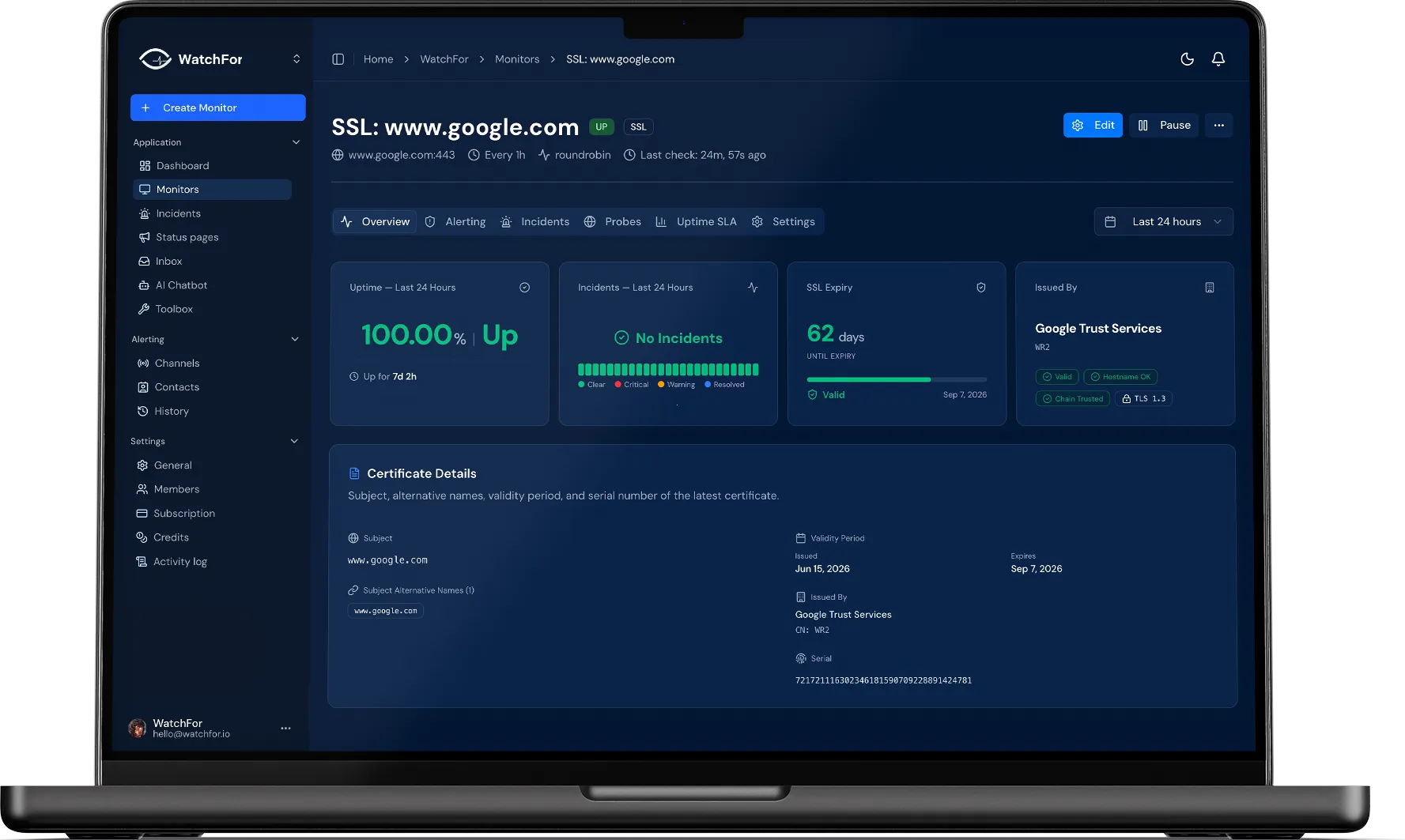 WatchFor SSL monitoring dashboard