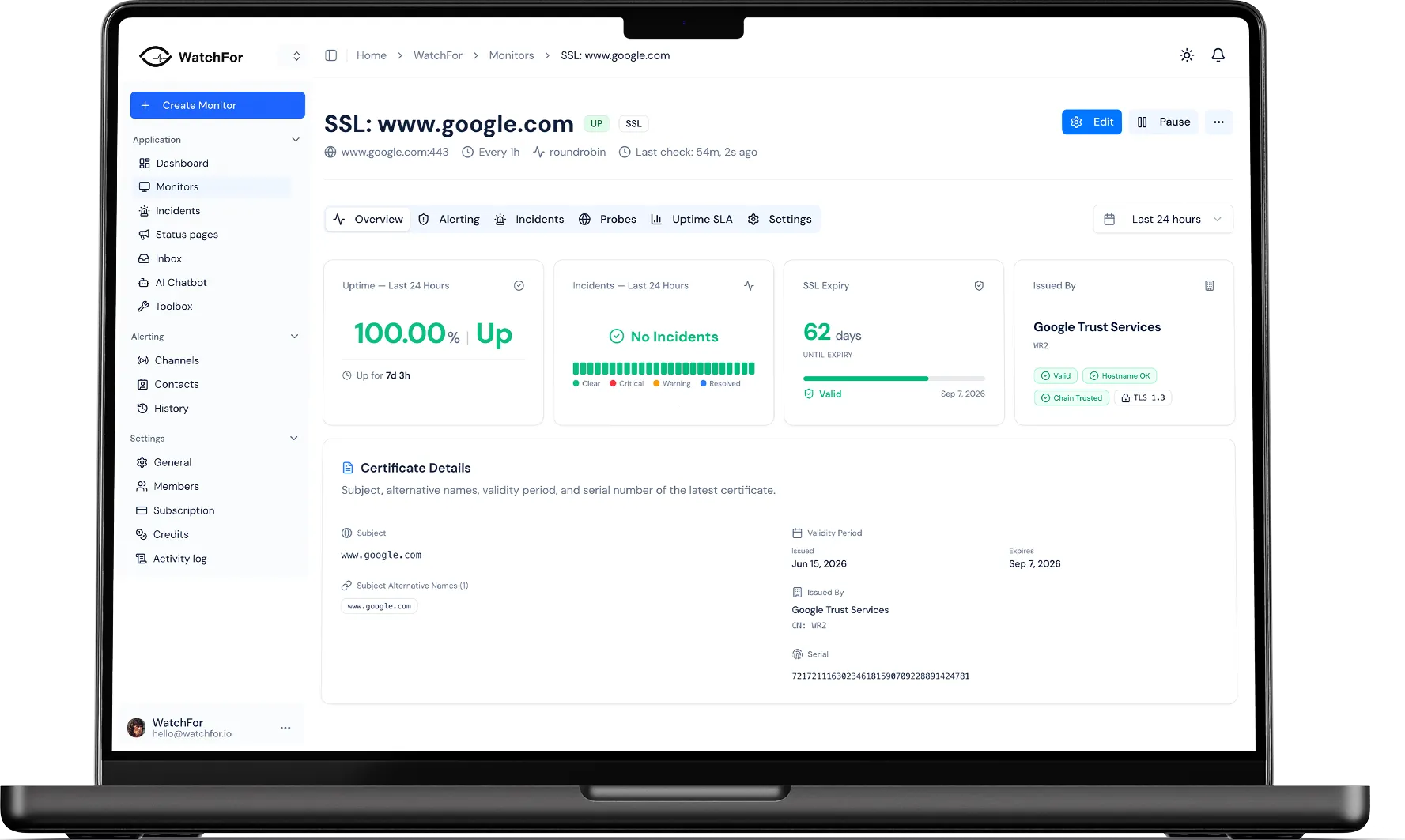 WatchFor SSL monitoring dashboard